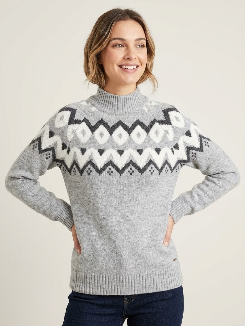 Colori medium grey aran longsleeve fair isle mock neck knit sweater